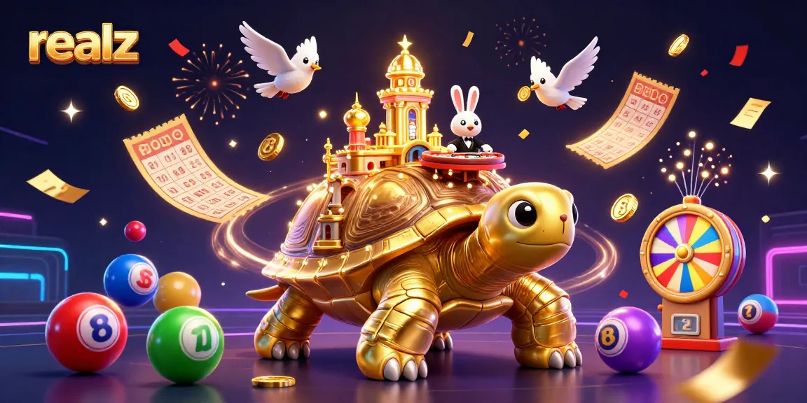 Experience the thrill of realz casino with a vibrant 3D illustration featuring a golden tortoise, a rabbit dealer, and dynamic game elements.