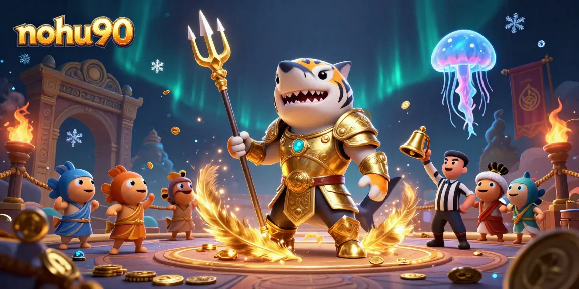 Nohu90 showcases a thrilling underwater casino scene with a tiger shark gladiator in action.