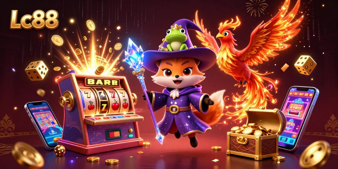 Engage with Lc88's magical casino experience through a vibrant fantasy illustration filled with excitement.
