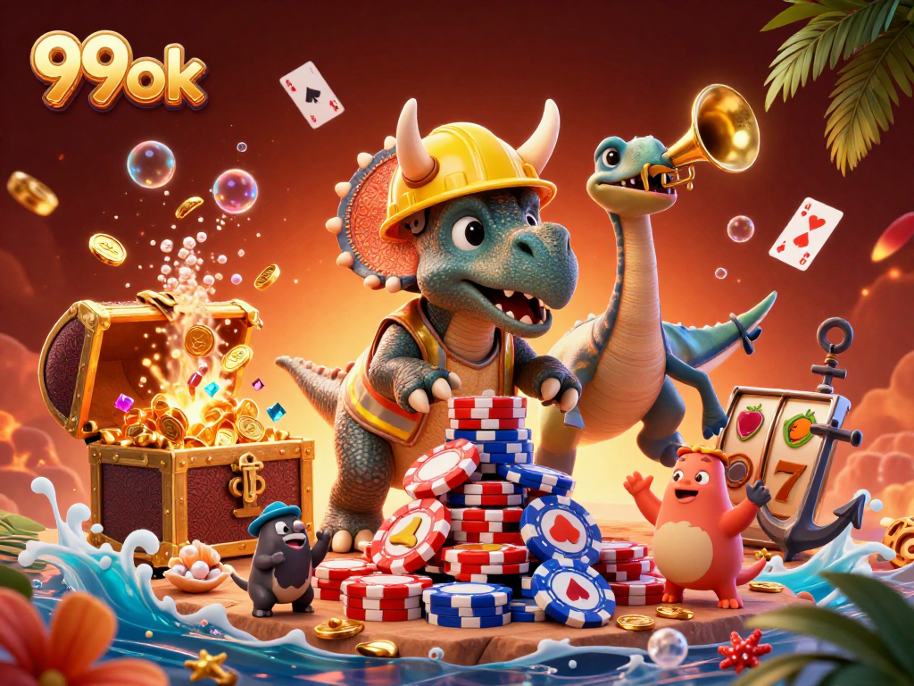 Join the excitement at 99ok with lively poker chip pyramids in this vibrant casino scene!