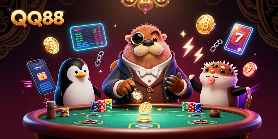 Join the fun at QQ88 with a lively poker scene featuring whimsical characters in a vibrant underwater setting.