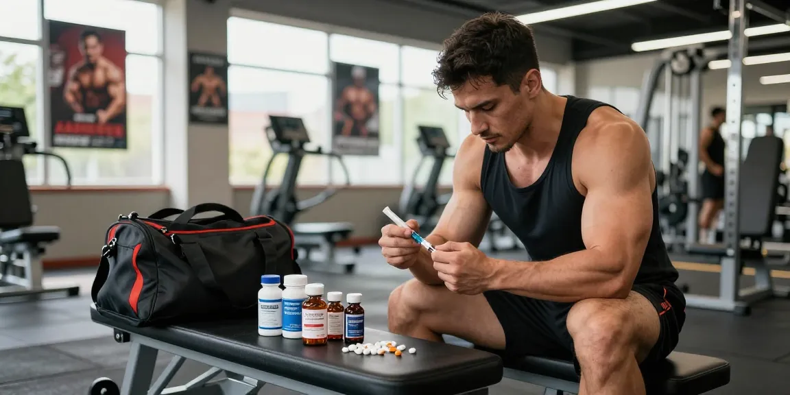 Anabolika Shop - Athletic man showcasing steroids after workout in a modern gym.