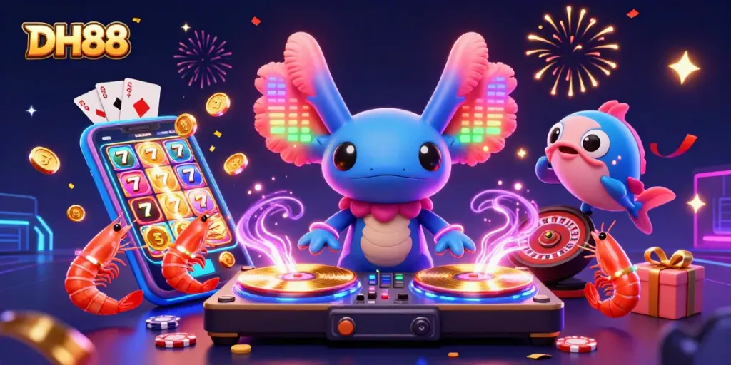 Experience thrilling wins with DH88 in a vibrant, neon casino world filled with festive characters.