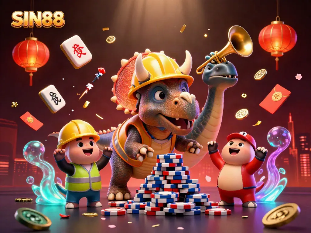 Experience the thrills of SIN88 with a vibrant casino-themed illustration featuring playful dinosaur characters.