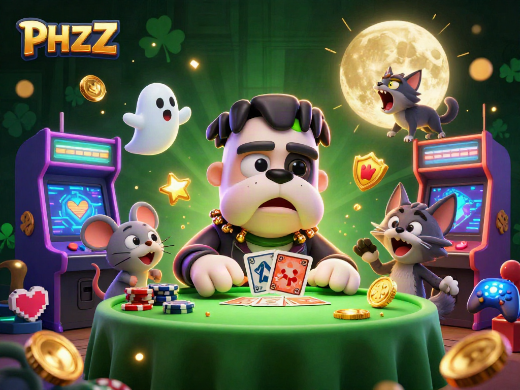 Experience thrilling gameplay with PHZZZ as the Frankenstein bulldog deals cards at a spooky casino.