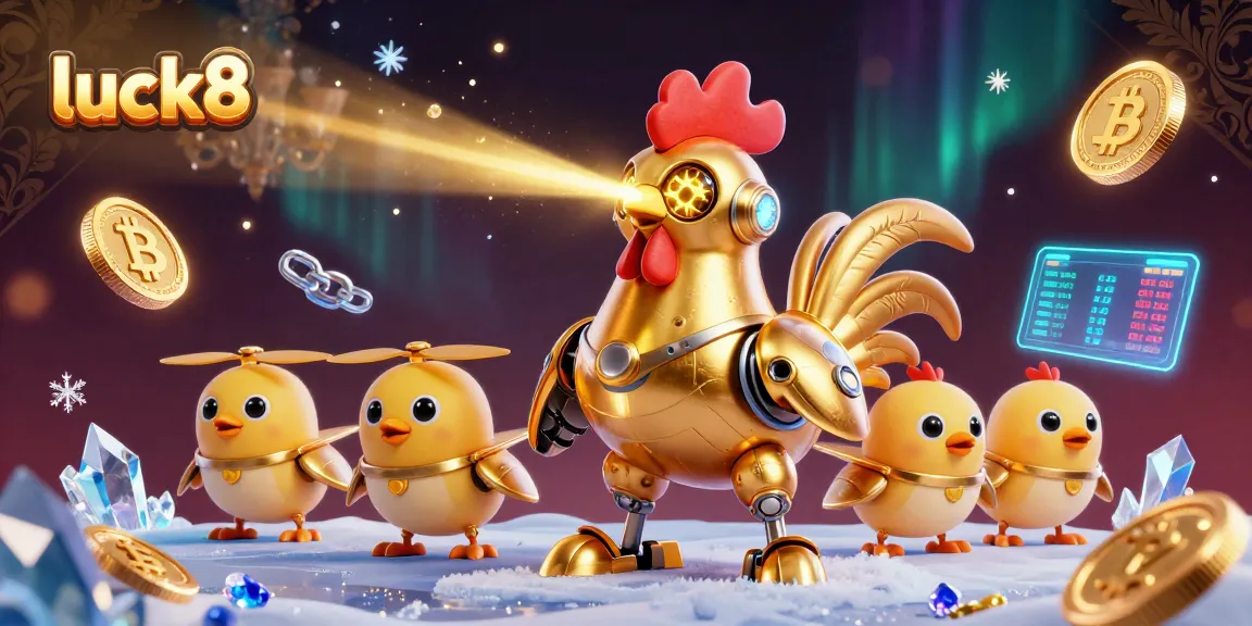 Engage with luck8's vibrant casino world showcasing a golden rooster robot adorned with crypto elements.