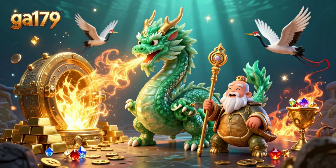 Experience thrilling cockfighting with ga179 as a jade dragon breathes fire amidst jewels and gold.