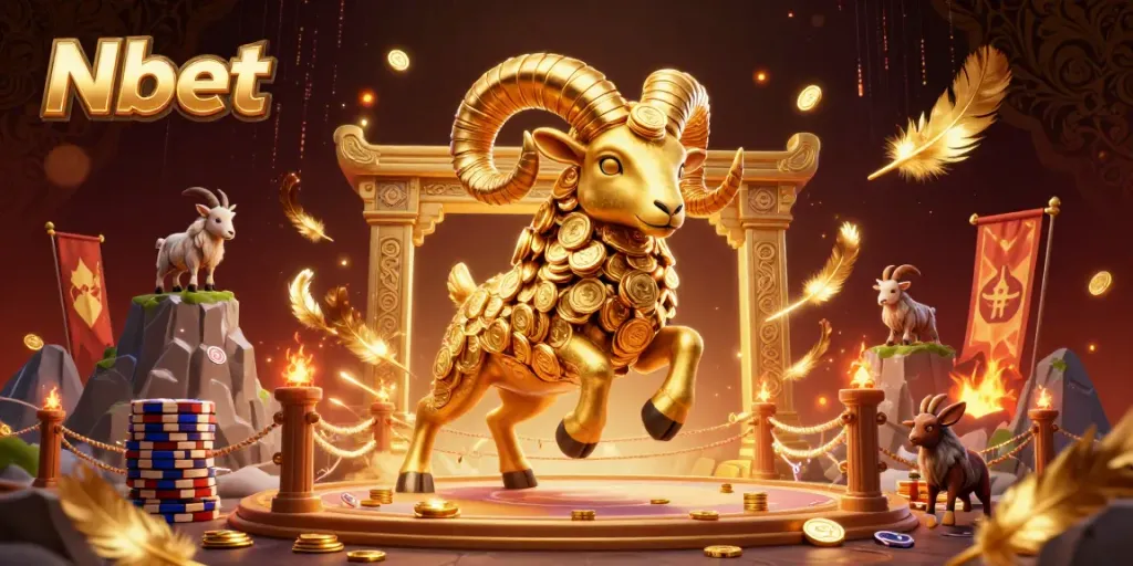 Nbet features a golden ram charging through a casino scene filled with spectacular betting elements and vibrant energy.
