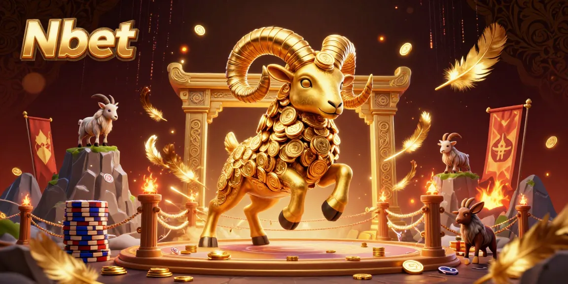 Nbet features a golden ram charging through a casino scene filled with spectacular betting elements and vibrant energy.