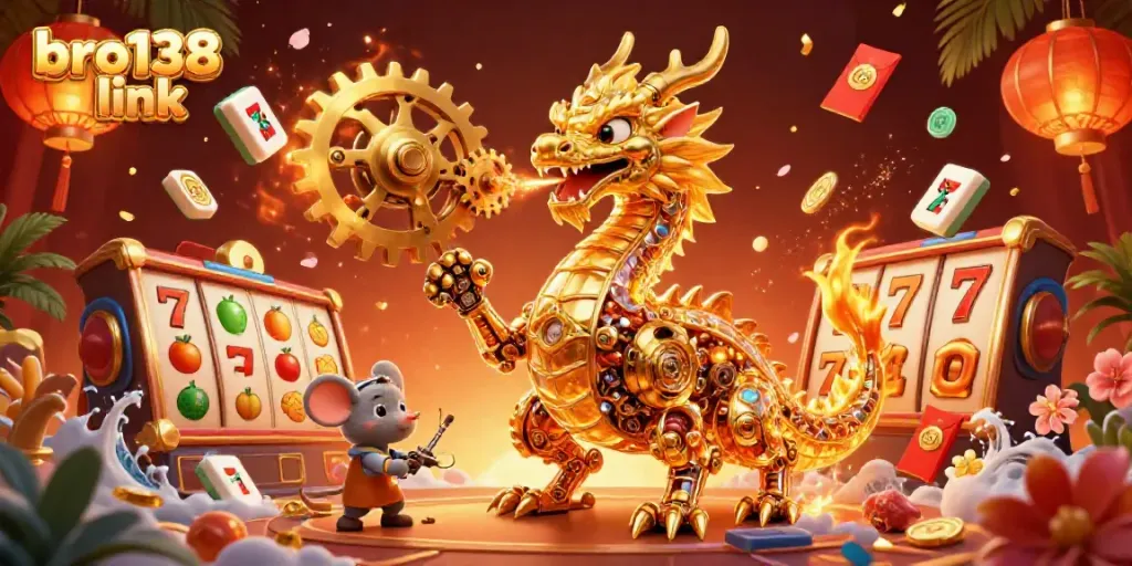 Engage with the bro138 link casino adventure featuring a dynamic golden dragon and vibrant game elements.