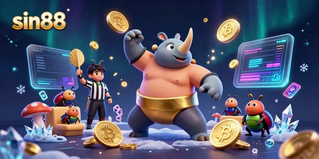 Experience sin88's thrilling atmosphere with a vibrant 3D illustration of a rhinoceros beetle sumo champion surrounded by crypto symbols.