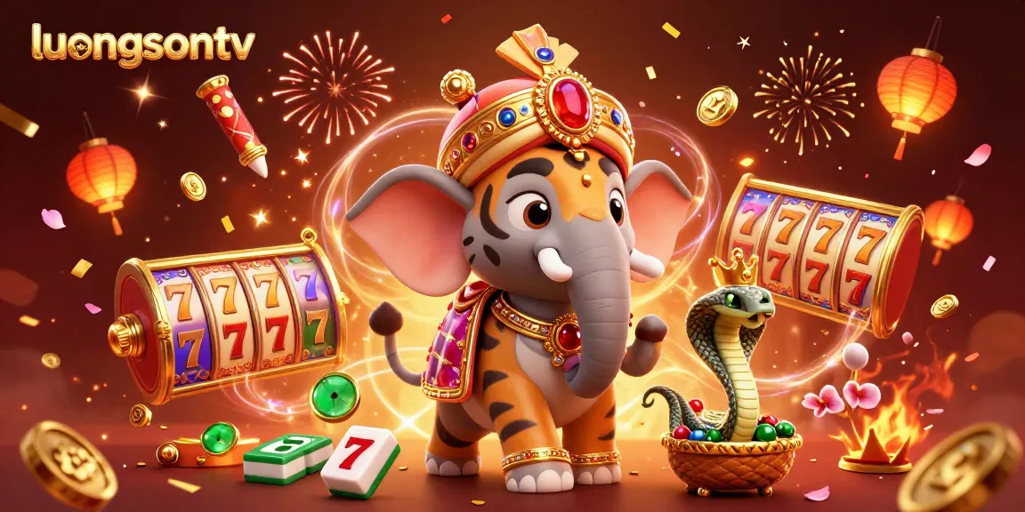 Experience thrilling gambling with luongsontv as colorful characters explore slot reels and festive elements.