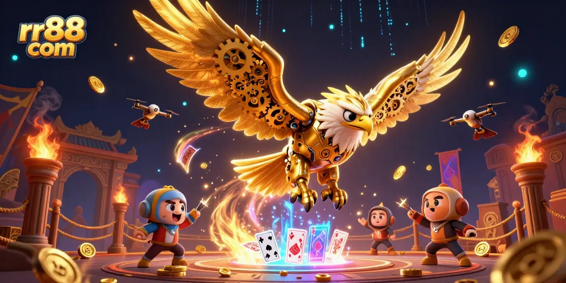 Experience thrilling games at rr88 com with a cybernetic eagle soaring through holographic cards.