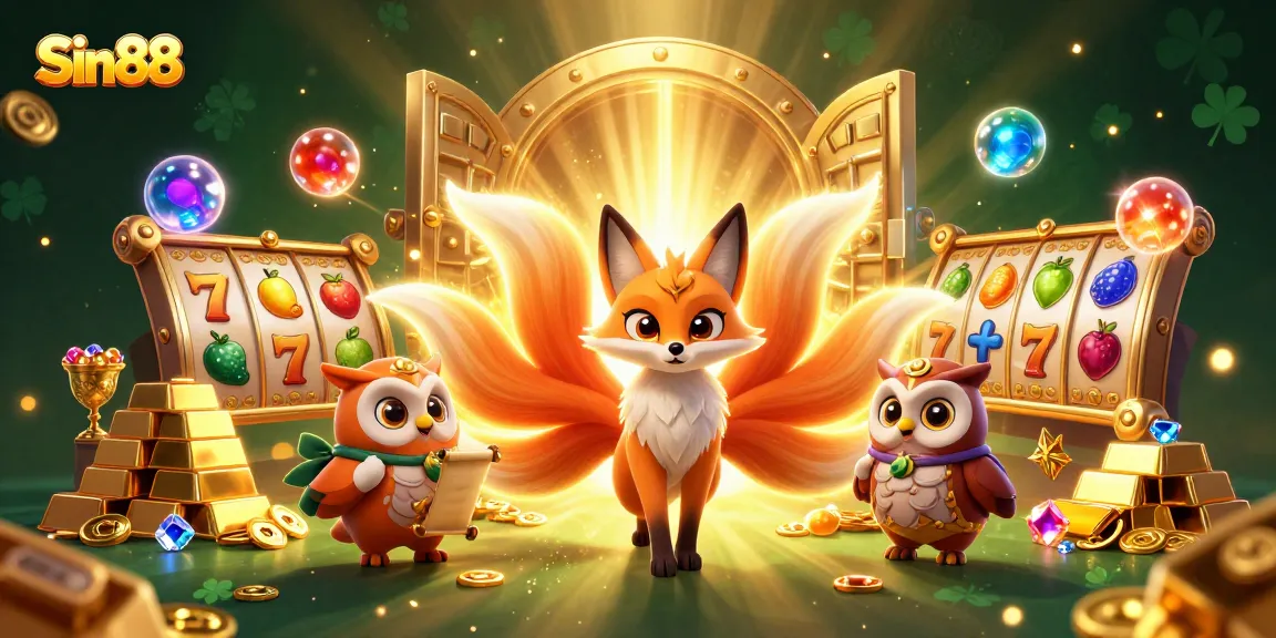 Experience Sin88's vibrant slots with a lively nine-tailed fox spirit and enchanting owl sage amidst gold treasures.