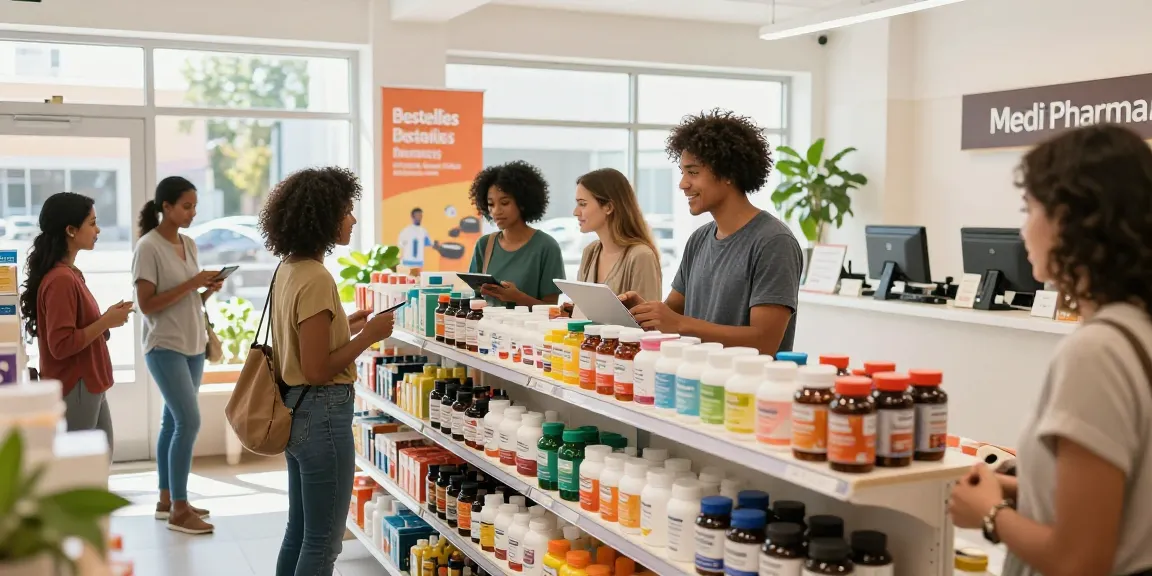 Lebendige Szene im Medi Pharma Shop, die Kunden zeigt, die Gesundheitsprodukte erkunden.