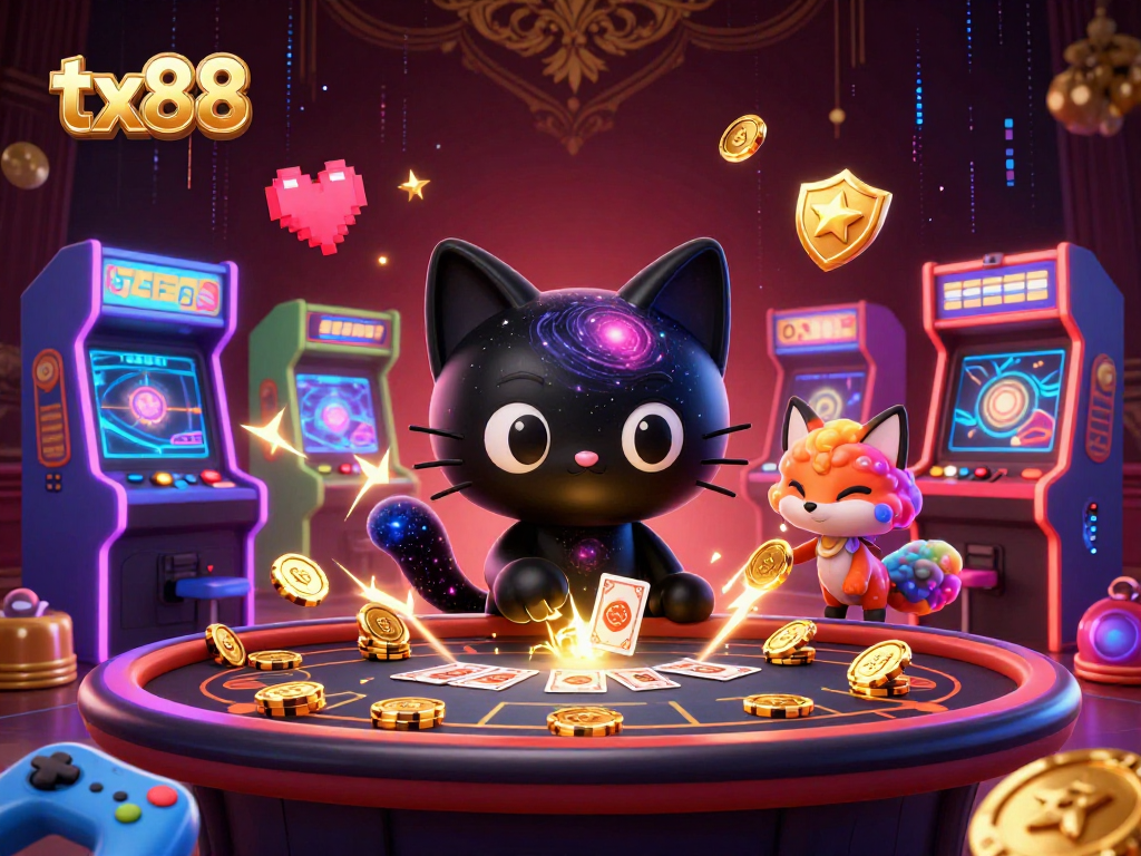 tx88 cosmic casino scene with a black hole cat and whimsical fox amidst captivating gaming elements