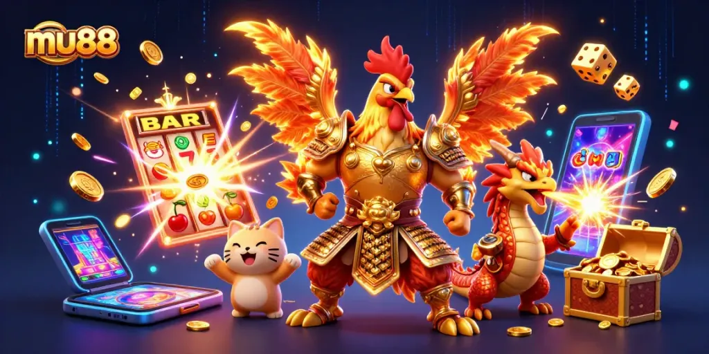 mu88 gamers join an exciting jackpot explosion with a 3D fighting rooster and dragon in the scene