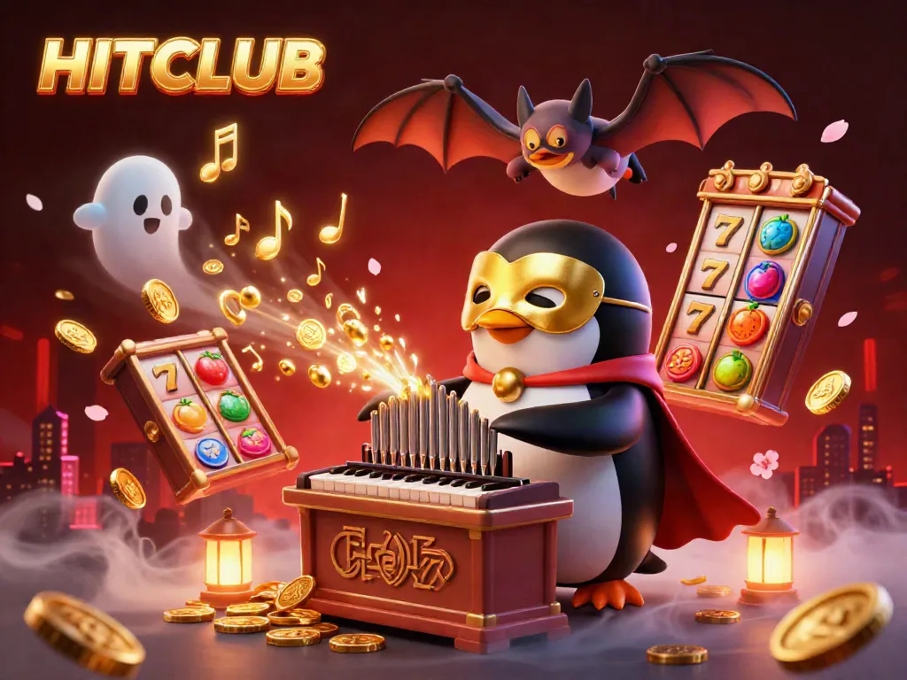 Experience the HITCLUB excitement with a dynamic 3D illustration of a penguin organist amid golden coins, slot reels, and vibrant casino symbols.