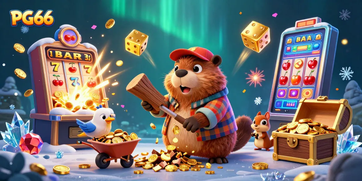 Experience casino thrills at PG66 with a vibrant scene of a beaver, bird, and squirrel amidst jackpot fun.