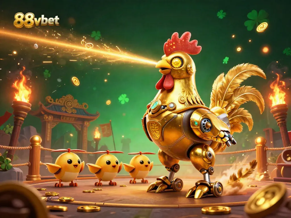 Engage in thrilling 88vbet gaming with golden rooster robot and chick drones at an exciting casino.