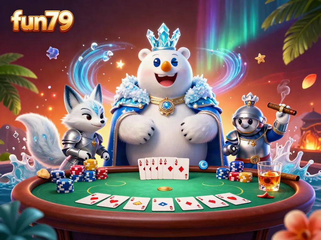 Experience the thrilling world of fun79, featuring a royal polar bear and snow fox at a vibrant poker table.