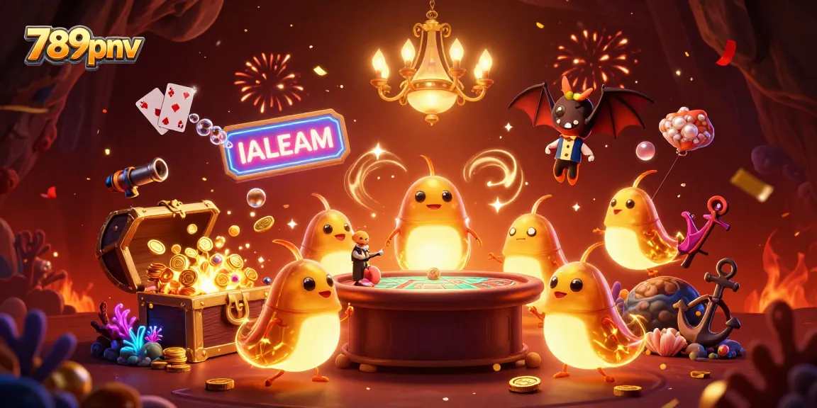 Experience the vibrant energy of 789pnv at an illuminated cave casino with glowing characters and treasures.