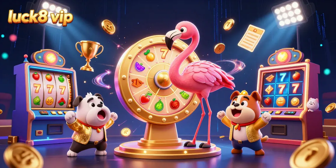 Win big at luck8 vip with stunning slot reels and prizes in an energetic game show scene.