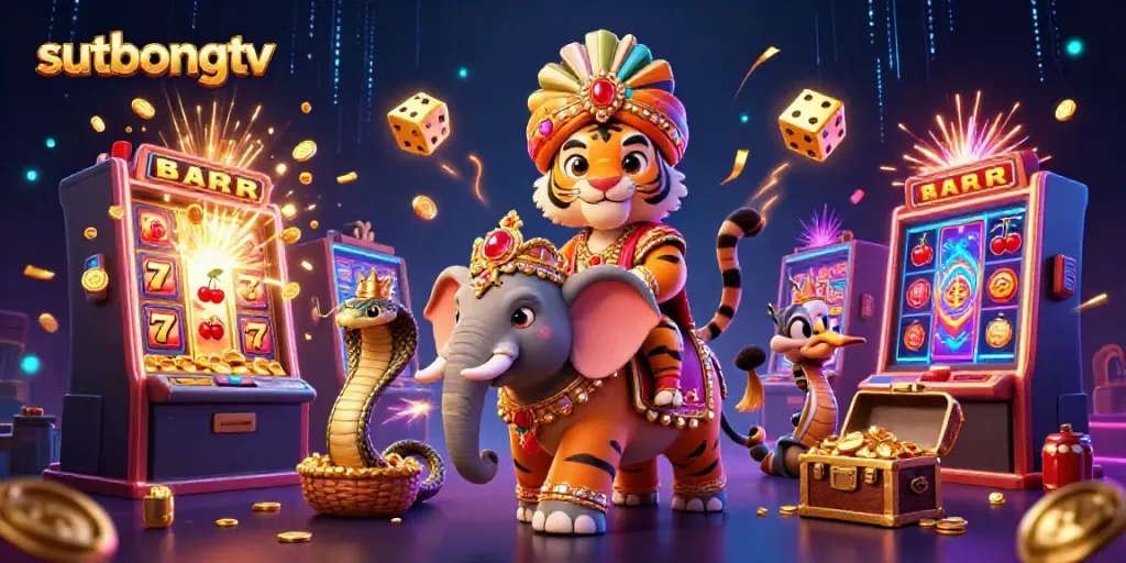 Sutbongtv delivers a vibrant casino experience with a magical tiger and elephant in a dynamic gambling scene.
