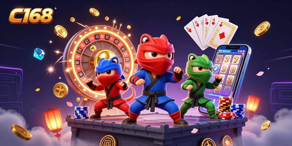 C168 showcases a dynamic 3D scene with ninja chameleons amidst vibrant casino elements like coins and a roulette wheel.