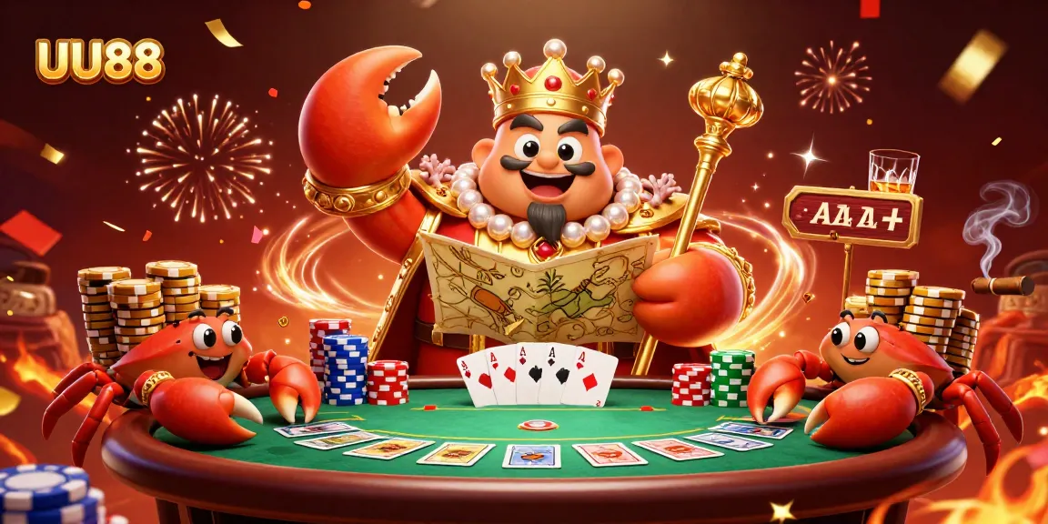 Experience thrilling poker action at UU88 with a majestic golden crab overseeing a vibrant casino scene.