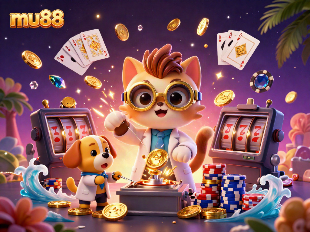 Experience the excitement of mu88 with this lively cartoon scene featuring casino games and characters.
