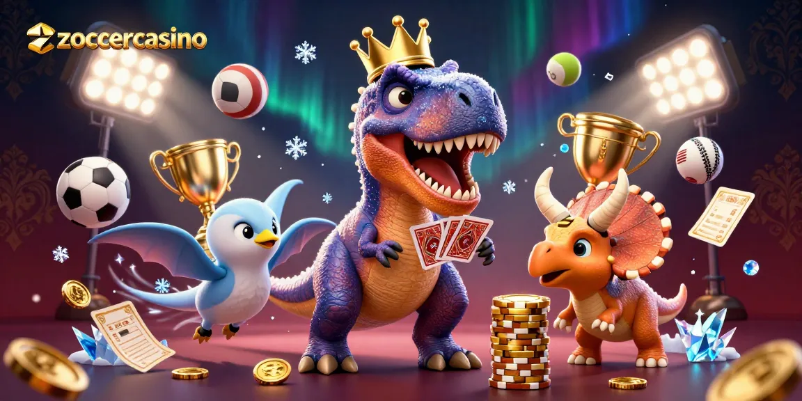 Zoccercasino bringt Spannung mit einem freundlichen T-Rex, der Karten mischt, während ein Pterodaktylus-Helfer und ein Baby-Triceratops goldene Chips stapeln.