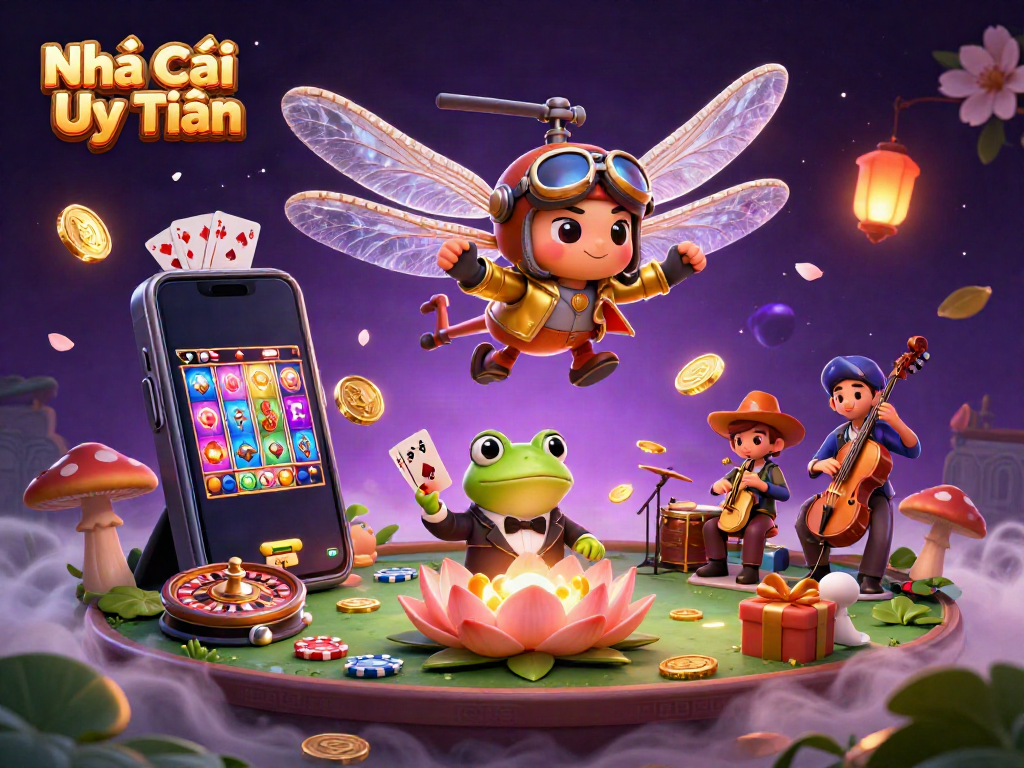 Experience the vibrant world of Nhà Cái Uy Tín with a whimsical casino scene featuring dynamic gambling elements and characters.