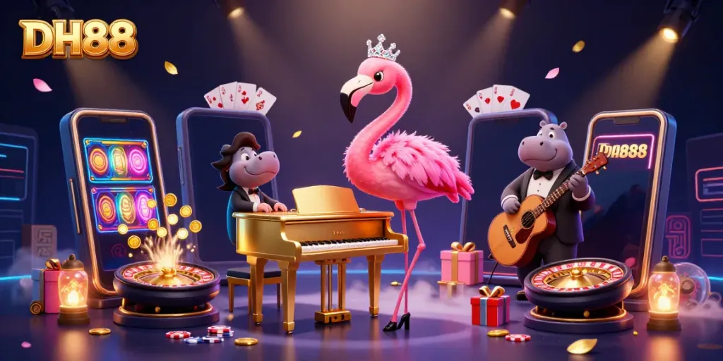 Engage with the vibrant DH88 casino experience featuring a flamingo singer and hippo bassist in a colorful gambling scene.