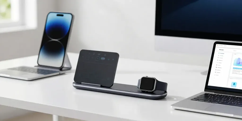 Gadgets und moderne Technologie in einem minimalistischen Arbeitsbereich, darunter Smartwatch und Smartphone.