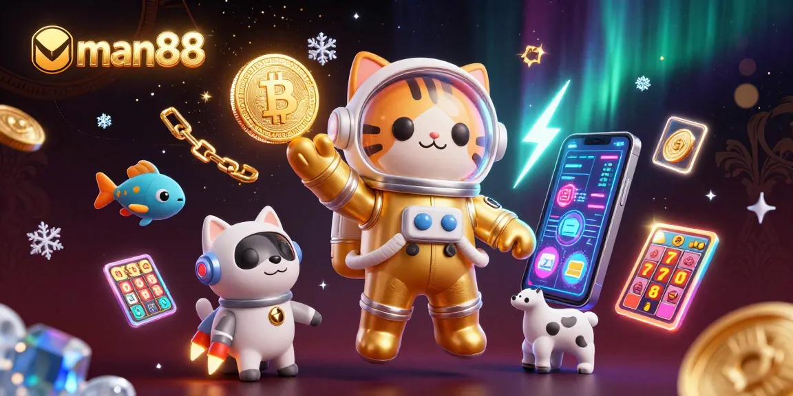 Experience the thrill of man88 with a vibrant casino-themed illustration featuring futuristic elements.