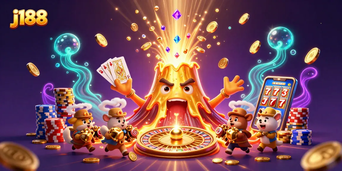 Experience the excitement of j188 with a vibrant casino scene featuring a golden volcano and treasure.