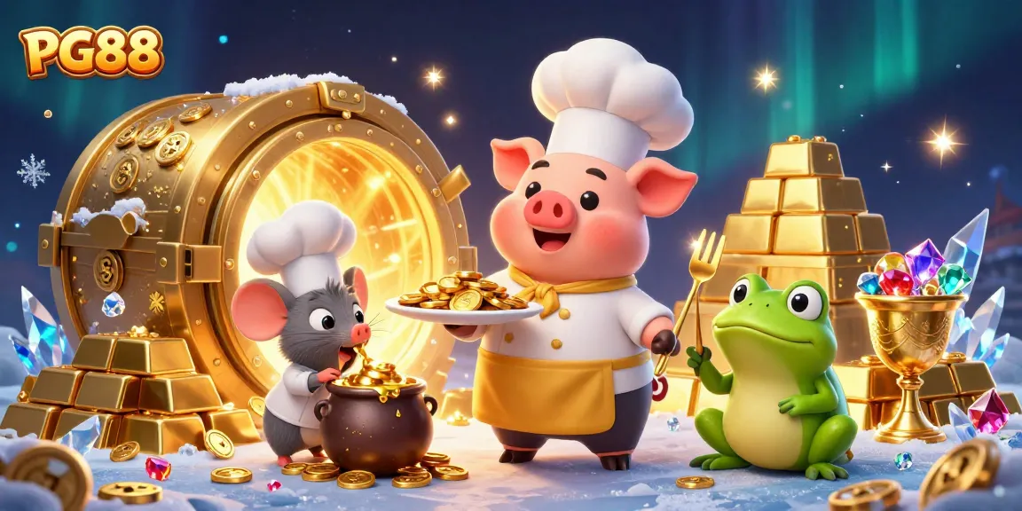 Experience PG88’s luxurious games with a chef pig serving gold coins among treasure riches.