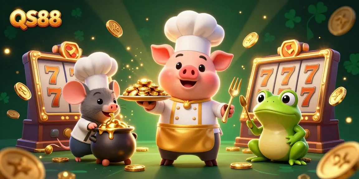 Engage with QS88's vibrant slots scene featuring gold coins, lucky symbols, and exciting characters.