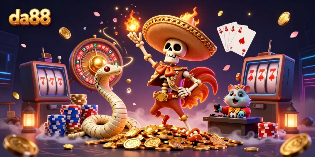 Experience da88 with a vibrant casino scene featuring lucky symbols and dynamic gaming elements.