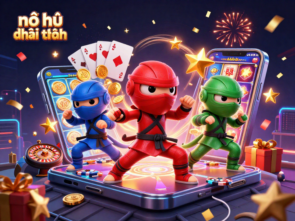 Experience thrilling nổ hũ đổi thưởng action with colorful characters and gaming elements in a vibrant 3D illustration.