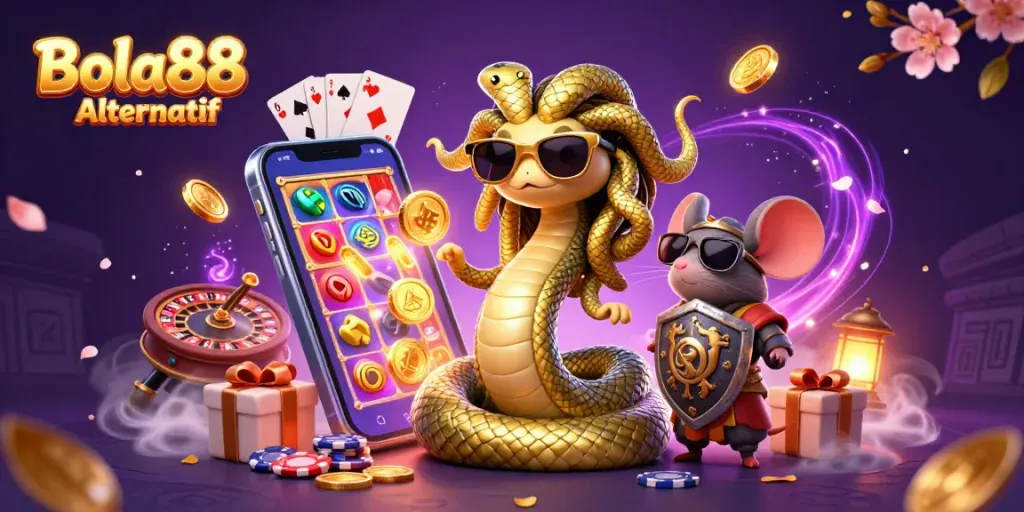 Bola88 Alternatif showcases a lively scene with Medusa and a warrior mouse enjoying casino games with vibrant slot elements.