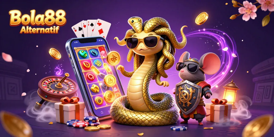 Bola88 Alternatif showcases a lively scene with Medusa and a warrior mouse enjoying casino games with vibrant slot elements.