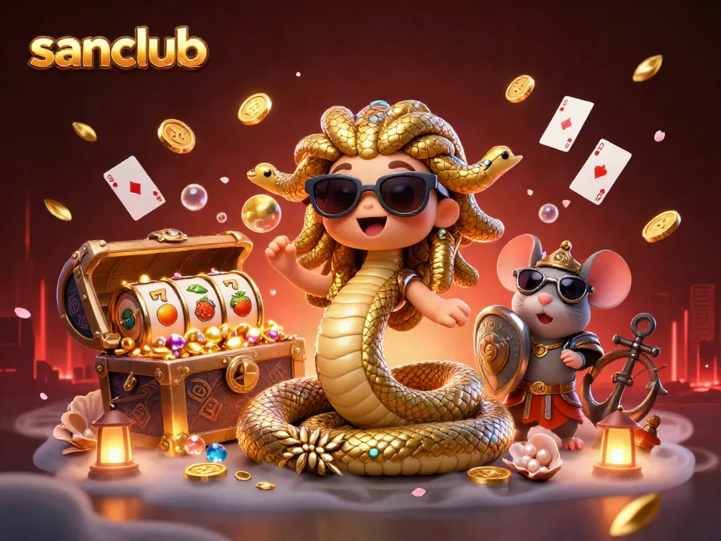 Immerse in the lively sanclub casino scene with Medusa and a mouse warrior amidst treasure and gaming elements.