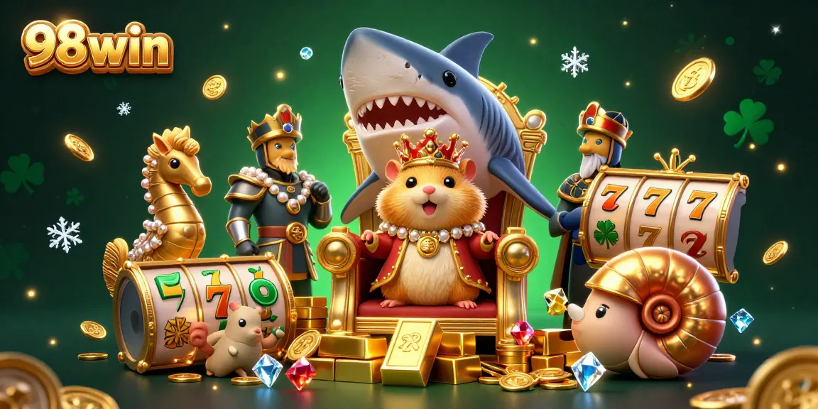 Experience thrilling wins at 98win Casino with the golden hamster king and seahorse guards in a rich gaming environment.