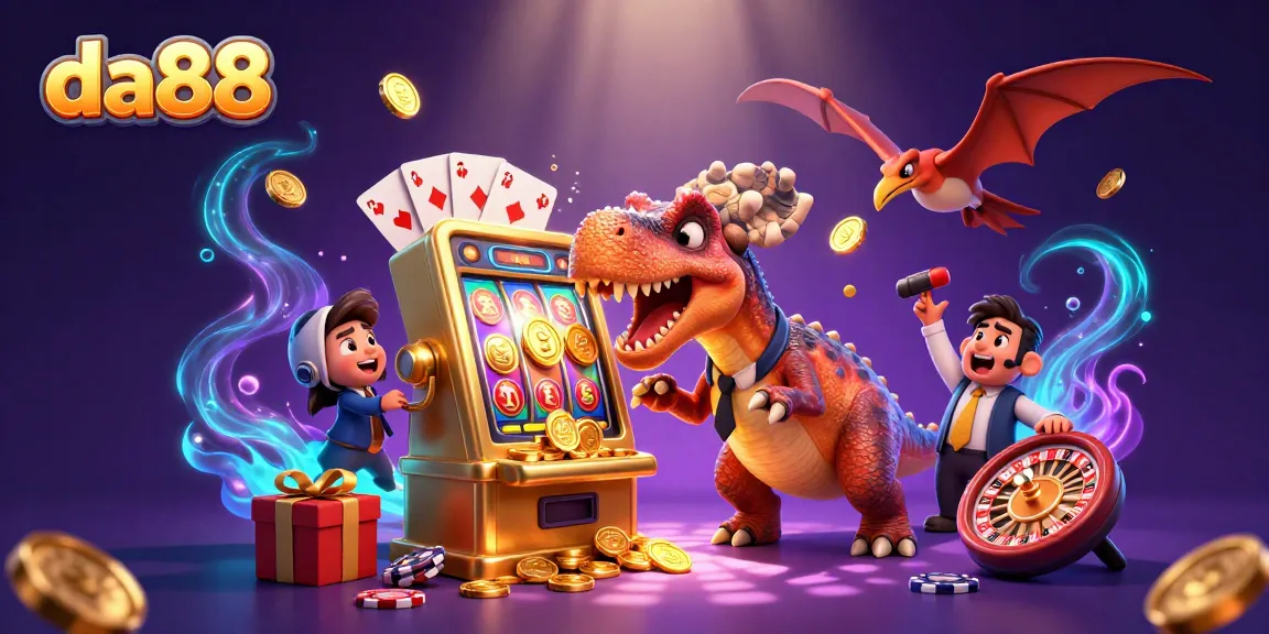 da88 showcases a 3D pachycephalosaurus winning jackpots at a casino, amidst vibrant game elements.