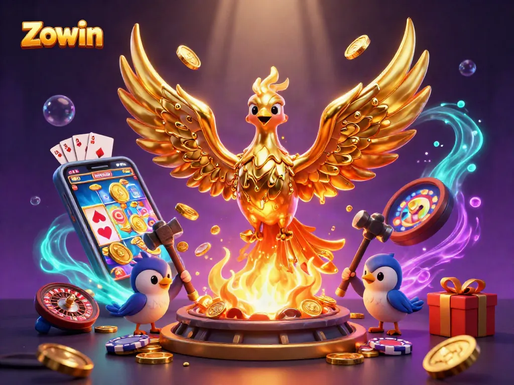 Zowin features a golden phoenix and game elements in a vibrant casino illustration.