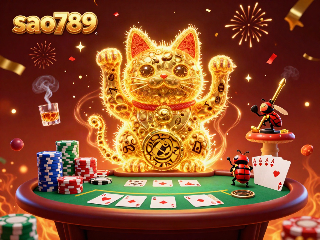 Engage with luck at sao789 through a vibrant 3D scene featuring a lucky cat and casino elements.