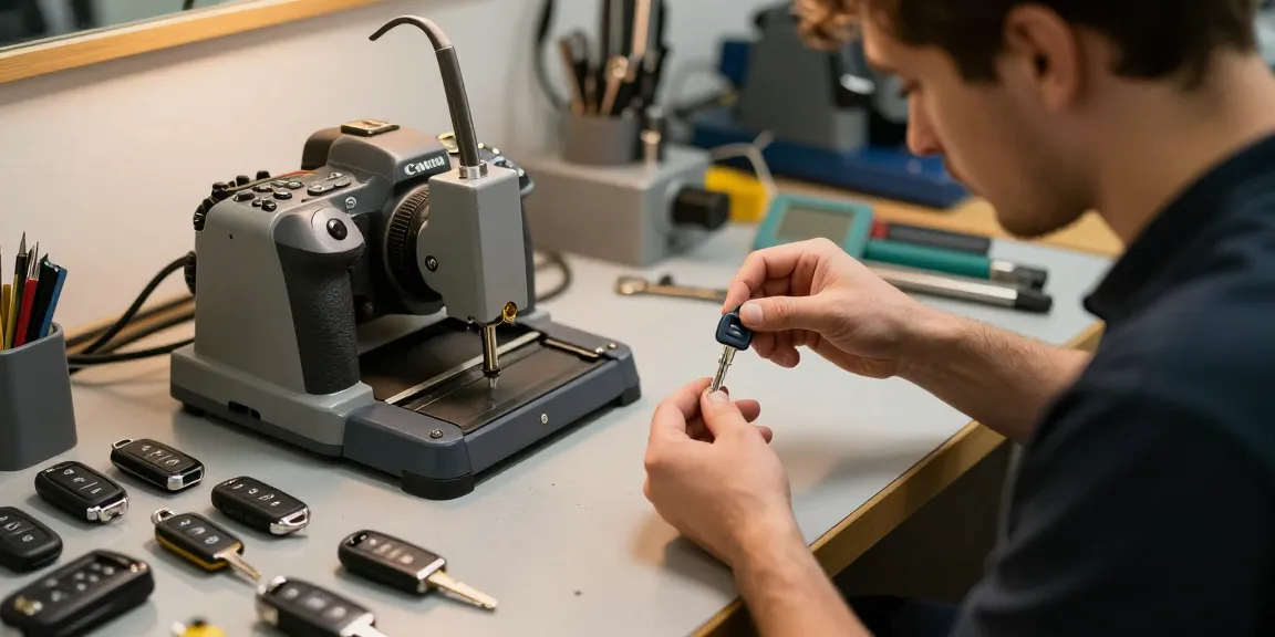 Autoschlüssel nachmachen in einem modernen Werkstatt-Szenario, wo ein Schlosser präzise Dubletten herstellt.