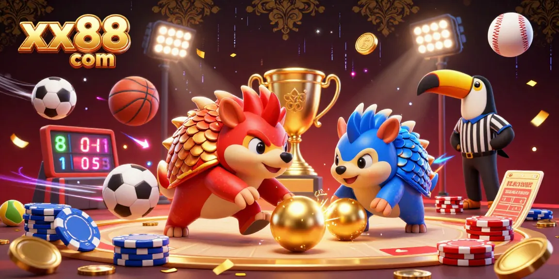 Experience thrilling games at xx88 com with this vibrant 3D pangolin showdown amid poker chips and sports elements.